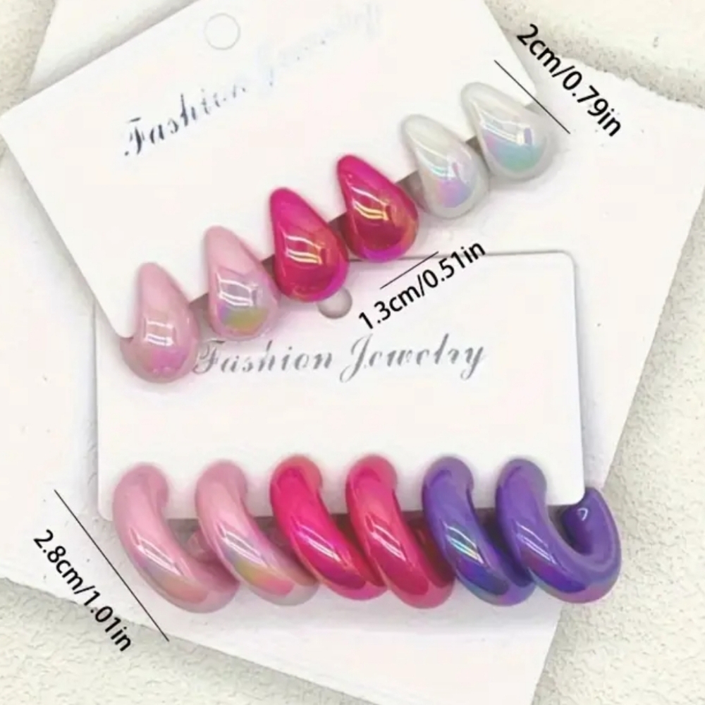 #11 6prs Colorful Macaron Earrings Chic C-Shape & Teardrops Stainless Steel Post - Picture 3 of 5